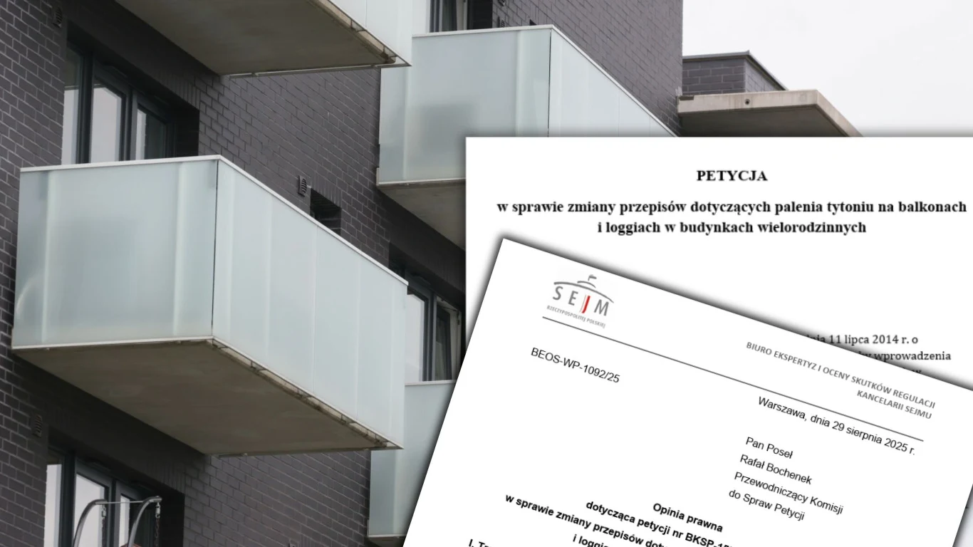 Petycja ws. zakazu palenia na balkonach. Rozpatrzy ją sejmowa komisja Nowoczesny budynek mieszkalny z widocznymi balkonami, na pierwszym planie dokument zawierający petycję skierowaną do Sejmu w sprawie zmiany przepisów dotyczących palenia tytoniu na balkonach i loggiach w budynkach wielorodzinnych.