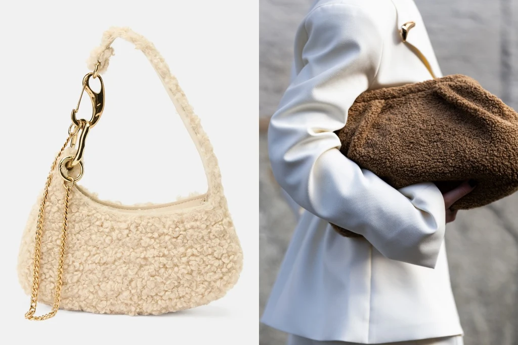 Modna torebka w stylu shearling z miękkiego materiału, przedstawiona osobno oraz w użyciu przez osobę ubraną w jasny elegancki żakiet, torebka ma złote okucia i delikatny łańcuszek.