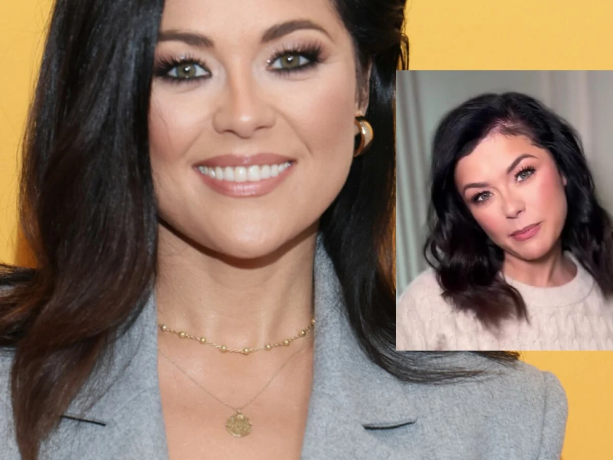 Młoda kobieta o ciemnych włosach i zielonych oczach, uśmiechnięta, ubrana w szary żakiet i złotą biżuterię, na tle żółtej ściany; w prawym górnym rogu znajduje się jej portret z delikatnym makijażem, ubrana w kremowy sweter.