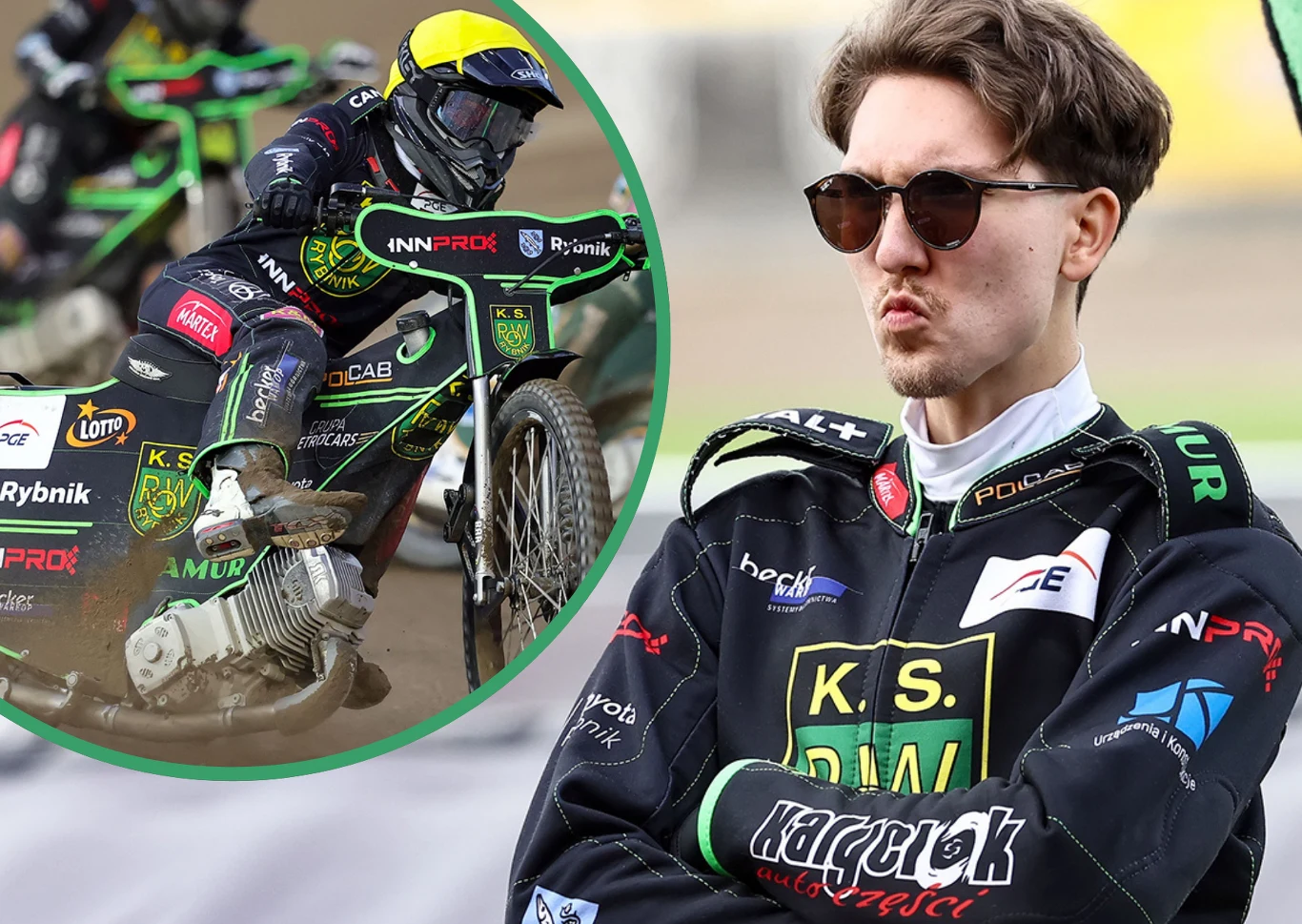 Maksym Drabik był kapitanem ROW-u Rybnik i zszedł z okrętu na długo zanim ten zatonął. Żużlowiec w sportowym kombinezonie z logotypami sponsorów w okularach przeciwsłonecznych stoi z założonymi rękami, a w tle fragment wyścigu żużlowego, w którym inny zawodnik pokonuje zakręt na motocyklu.
