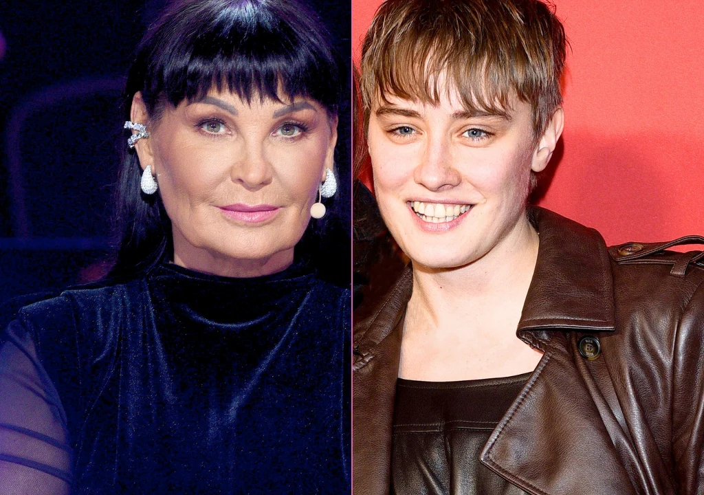 Dwa portrety osób ustawionych obok siebie, jedna kobieta o ciemnych włosach i wyrazistym makijażu, druga osoba o jasnych krótkich włosach, uśmiechnięta, ubrana w brązową skórzaną kurtkę, tło po lewej stronie ciemne, po prawej czerwone.