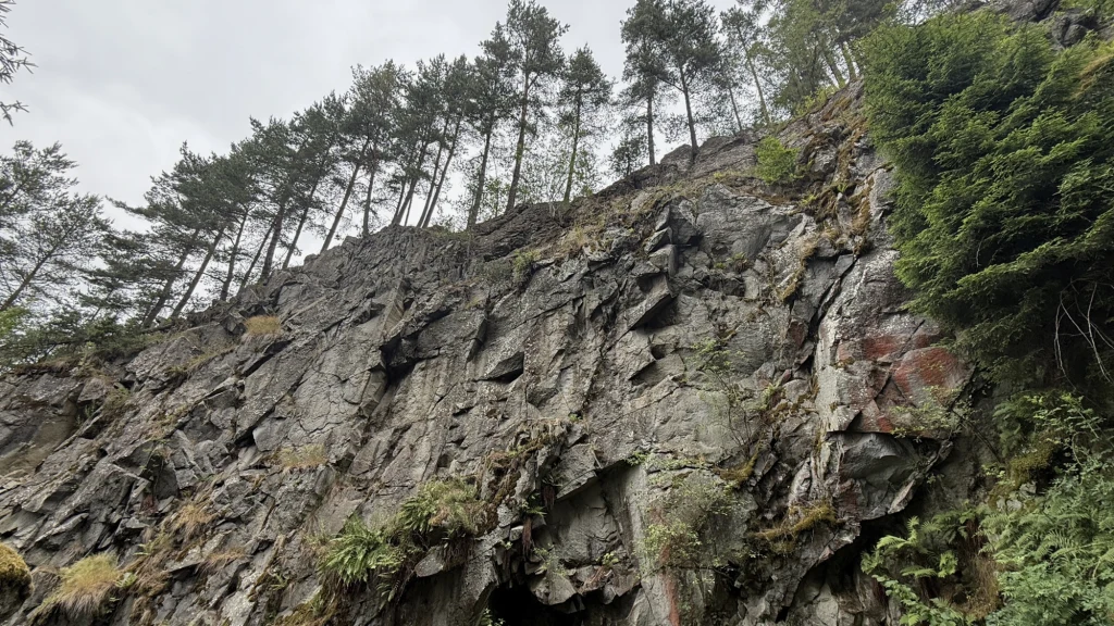 Na szczycie Wdżaru znajduje się tablica, która kieruje do punktu, gdzie występuje anomalia magnetyczna. Stromy skalny brzeg pokryty mchem, rzadkimi roślinami i porostami, na szczycie rosną wysokie drzewa iglaste sięgające nieba. Po prawej stronie widoczna gęsta zieleń świerków.