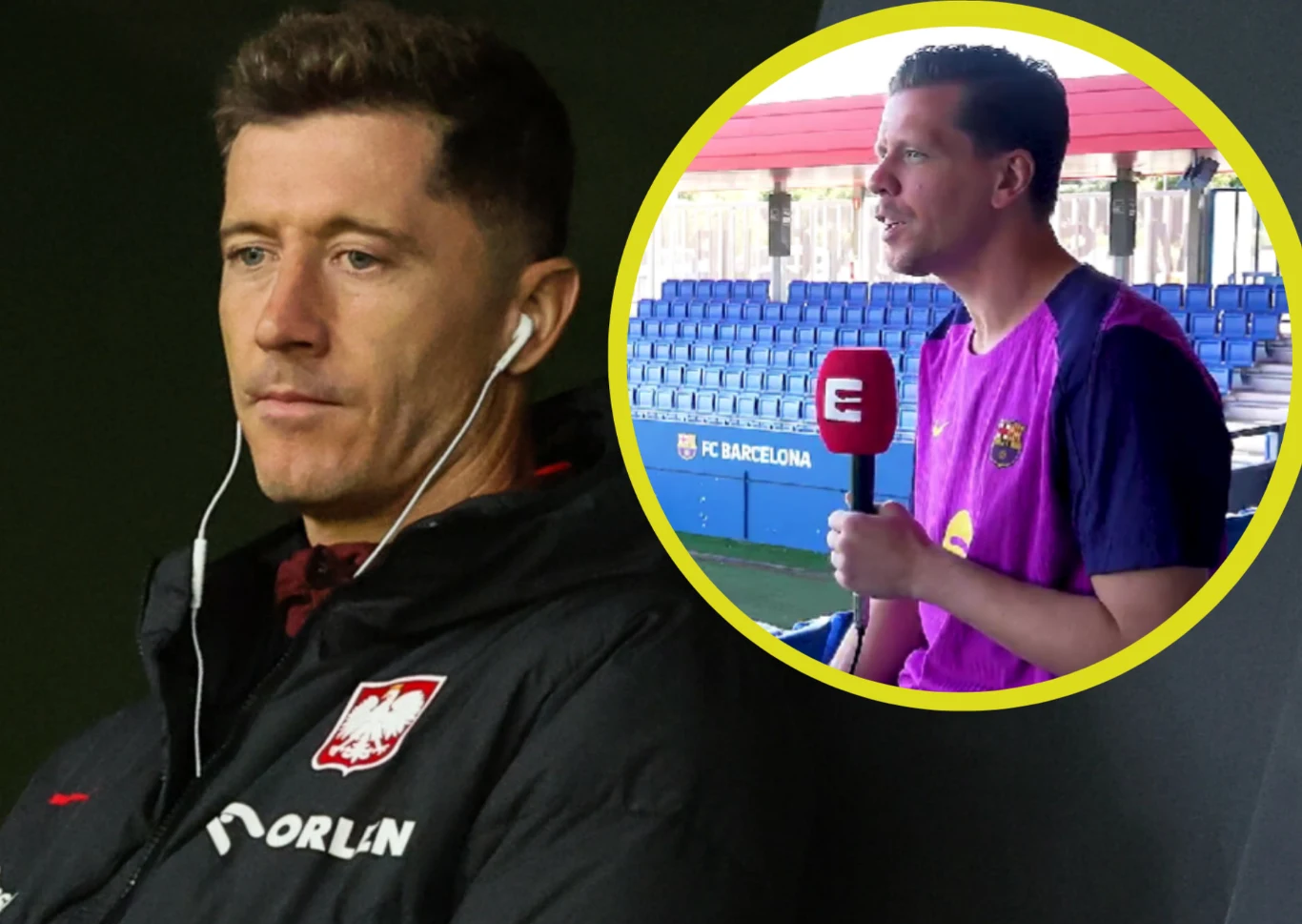 Zbliżenie na sportowca w kurtce z orłem oraz logotypem Orlen, słuchającego przez słuchawki. W okrągłej wstawce po prawej stronie mężczyzna w sportowej koszulce Barcelony udziela wywiadu trzymając mikrofon przy pustych trybunach stadionu.
