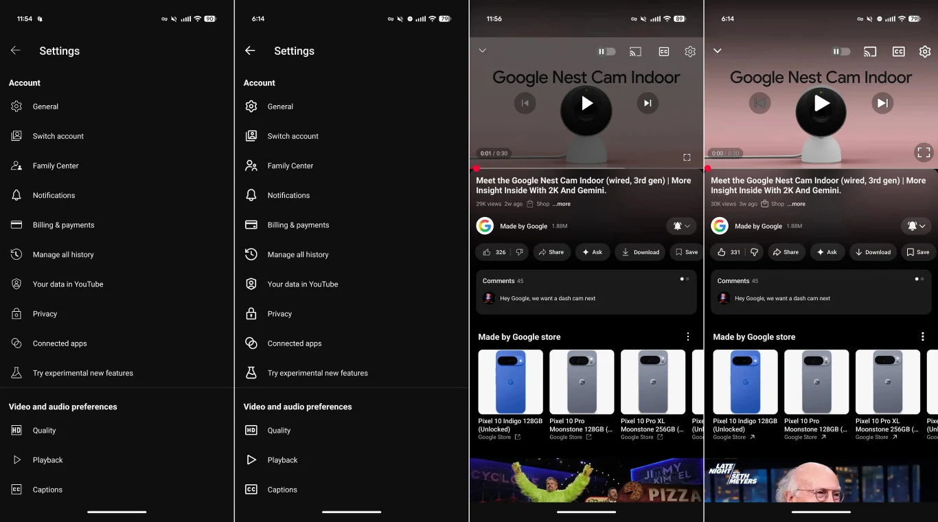 Porównanie dwóch widoków aplikacji, po lewej stronie pokazane są ustawienia z ciemnym motywem, po prawej prezentacja strony produktu Google Nest Cam Indoor wraz z recenzjami i sugerowanymi produktami.