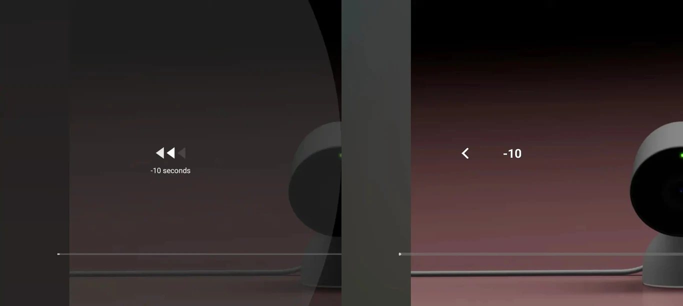 Minimalistyczny widok na biurko lub półkę, z jednym nowoczesnym urządzeniem elektronicznym w kolorze szarym, ustawionym po prawej stronie kadru, rozmytym tłem w odcieniach czerwieni i szarości oraz widocznym interfejsem użytkownika z ikoną cofania o 10...