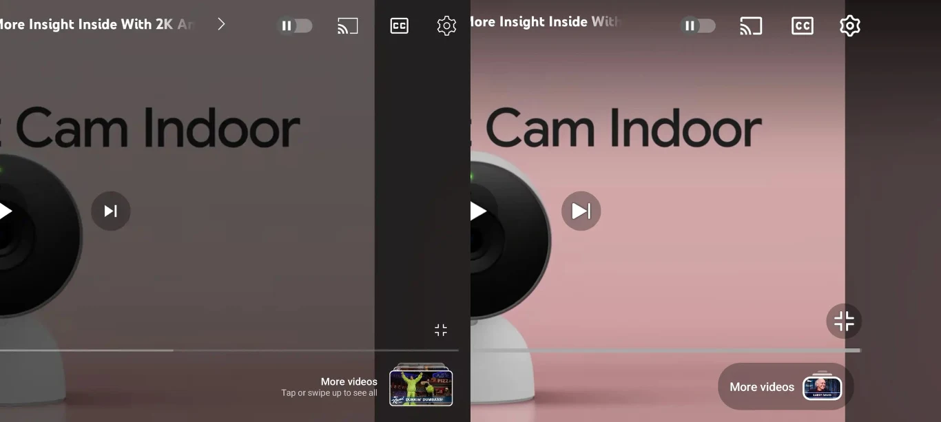 Czarna kamera domowa na białej podstawce ustawiona na tle różowej ściany, w tle częściowo widoczne napisy promujące produkt.