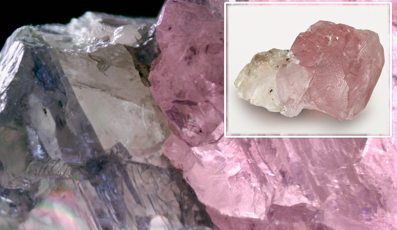 Rzadki diament z Botswany zadziwia naukowców. Dwie barwy, 37 karatów i tajemnicze pochodzenie Zbliżenie na różowe i fioletowe kryształy minerałów z umieszczonym w prawym górnym rogu dodatkowym zdjęciem jasnoróżowego kamienia mineralnego.