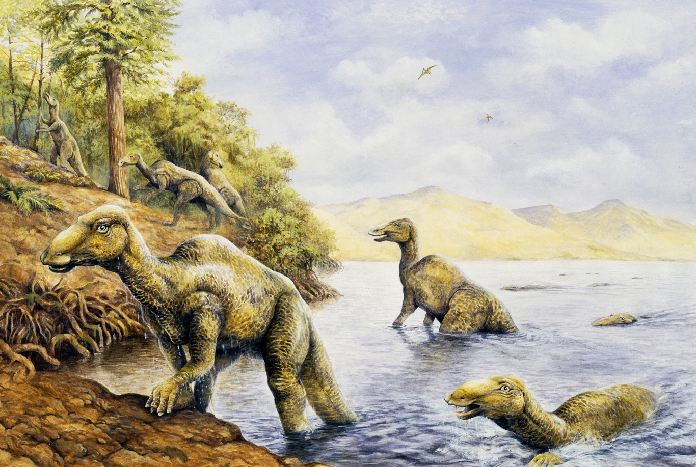 Kilka dinozaurów chodzących po brzegu i pływających w spokojnej wodzie, gęsta roślinność oraz drzewa przy linii brzegowej, w tle góry i rozległe niebo z przelatującym pterozaurem.