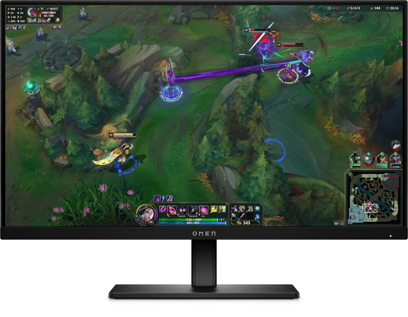 Monitor komputerowy wyświetlający grę komputerową, w której dwie postacie walczą w lesistym otoczeniu, wykorzystując specjalne umiejętności, z widocznym interfejsem gracza i minimapą.