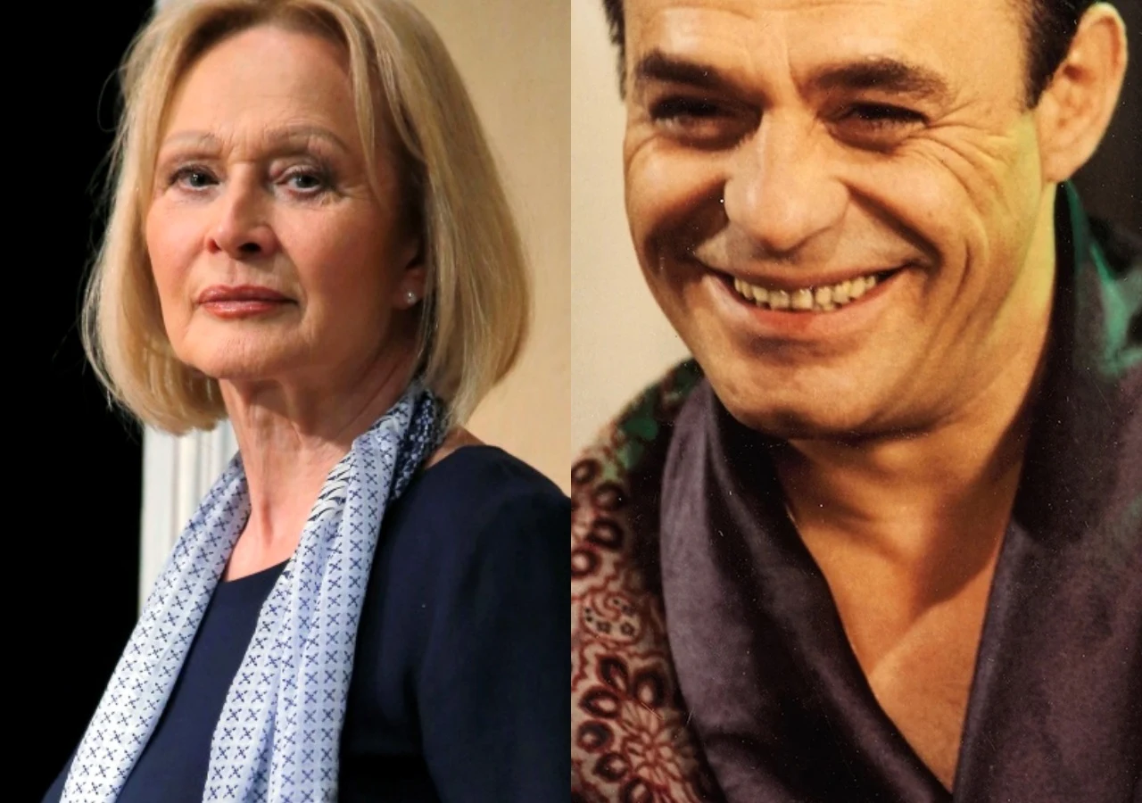 Grażyna Barszczewska, Roman Wilhelmi Portrety dwóch osób, kobiety z blond włosami w eleganckim stroju i szalu oraz mężczyzny z krótkimi ciemnymi włosami, ubranego w koszulę i wzorzysty szalik, z szerokim uśmiechem na twarzy.