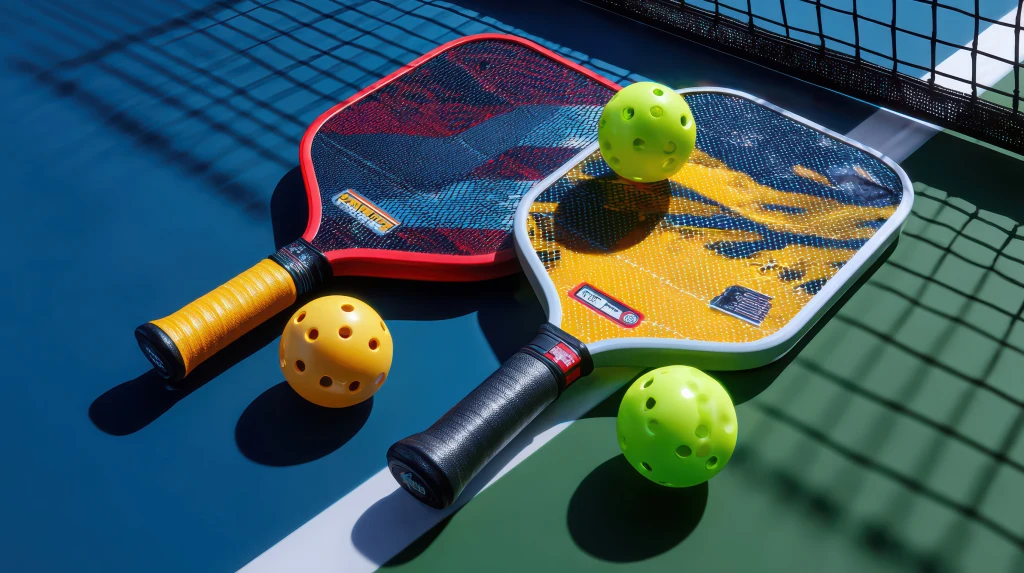 Dwie rakiety do pickleballa leżące na boisku obok trzech perforowanych piłek, w tle fragment siatki, całość na tle różnych odcieni niebieskiego i zielonego kortu.