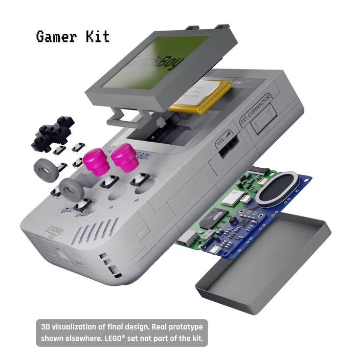 Rozłożony na części zestaw do samodzielnego składania konsoli do gier, widoczny ekran, przyciski, płyta główna oraz obudowa. Niektóre elementy oznaczone żywymi kolorami. Na górze ekranu napis Gamer Kit.