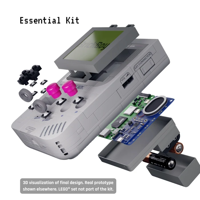 Rozłożona na części przenośna konsola do gier retro, w której widoczne są elementy wewnętrzne, takie jak płytka elektroniczna, ekrany, przyciski i bateria. Na górze widoczny jest napis Essential Kit.