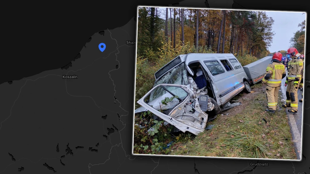 Wypadek busa i osobówki w Grzybnie (gm. Sławno)