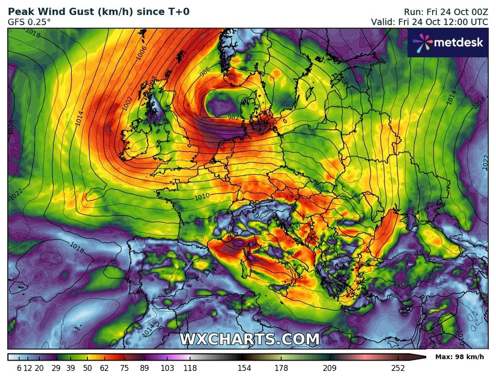 Orkan Joshua/Benjamin w piątek umiejscowił się w rejonie Morza Północnego Kolorowa mapa Europy pokazująca prognozowane maksymalne porywy wiatru z podziałem na różne wartości prędkości w kilometrach na godzinę, z wyraźnie oznaczonymi rejonami silnych wichur, zwłaszcza w północno-zachodniej części kontynentu.