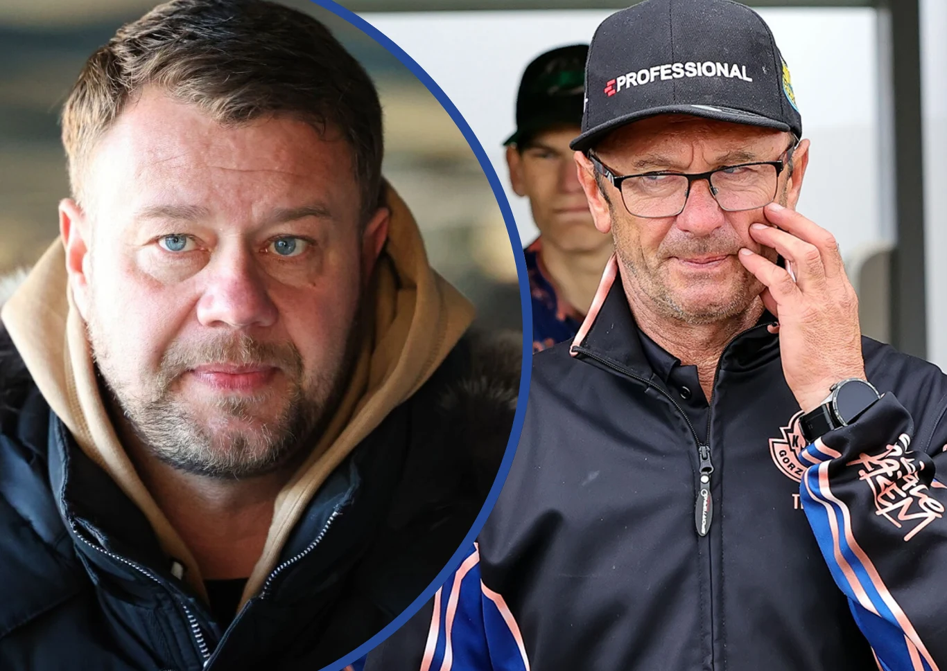 Prezes Dariusz Wróbel i trener Piotr Świst siedzą na gorących stołkach. W Stali Gorzów szykują rewolucję. Dwóch mężczyzn, jeden ubrany w kurtkę z kapturem oraz drugi w sportowej kurtce i czapce z daszkiem, trzymający dłoń przy twarzy. Jeden z mężczyzn nosi okulary i zegarek sportowy.