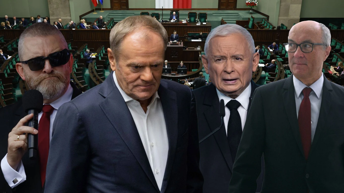 Najnowszy sondaż partyjny CBOS. Jak wygląda poparcie dla poszczególnych ugrupowań? Grupa czterech znanych polityków na tle sali sejmowej z widocznymi ławami poselskimi, flaga Polski oraz godłem państwowym, główną uwagę przyciąga centralna postać zamyślonego mężczyzny w garniturze.