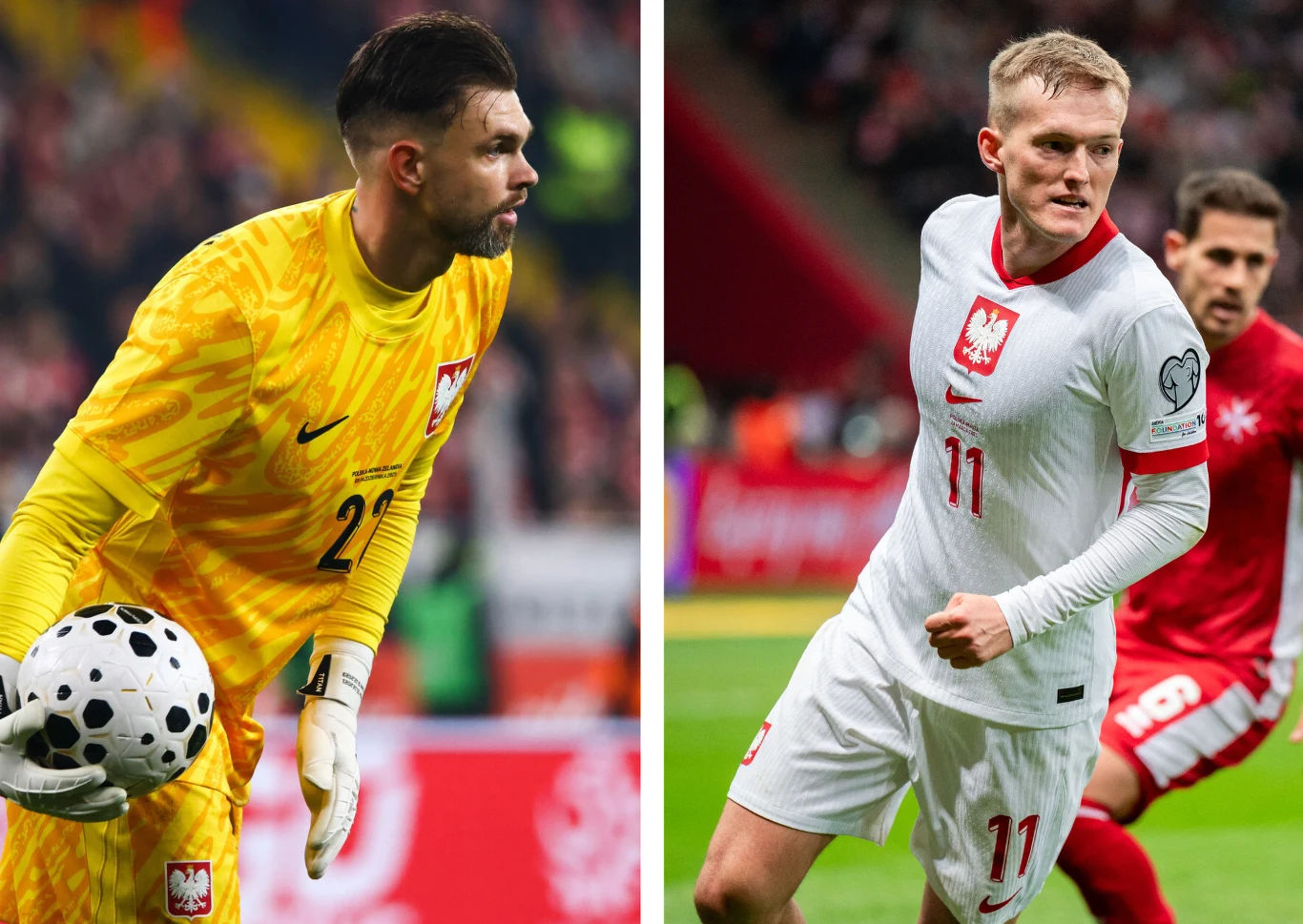 Bartłomiej Drągowski i Karol Świderski Dwóch polskich piłkarzy podczas meczu, z lewej bramkarz w żółtym stroju z piłką w dłoniach, z prawej zawodnik w białym stroju z numerem 11 w trakcie gry, w tle zawodnicy drużyny przeciwnej oraz trybuny wypełnione kibicami.