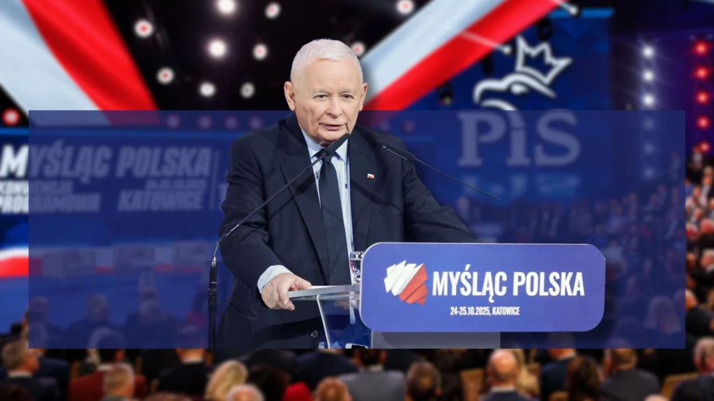 Jarosław Kaczyński na Konwencji Programowej Prawa i Sprawiedliwości "Myśląc Polska!" w Katowicach | grafika: Jan Nalepa
