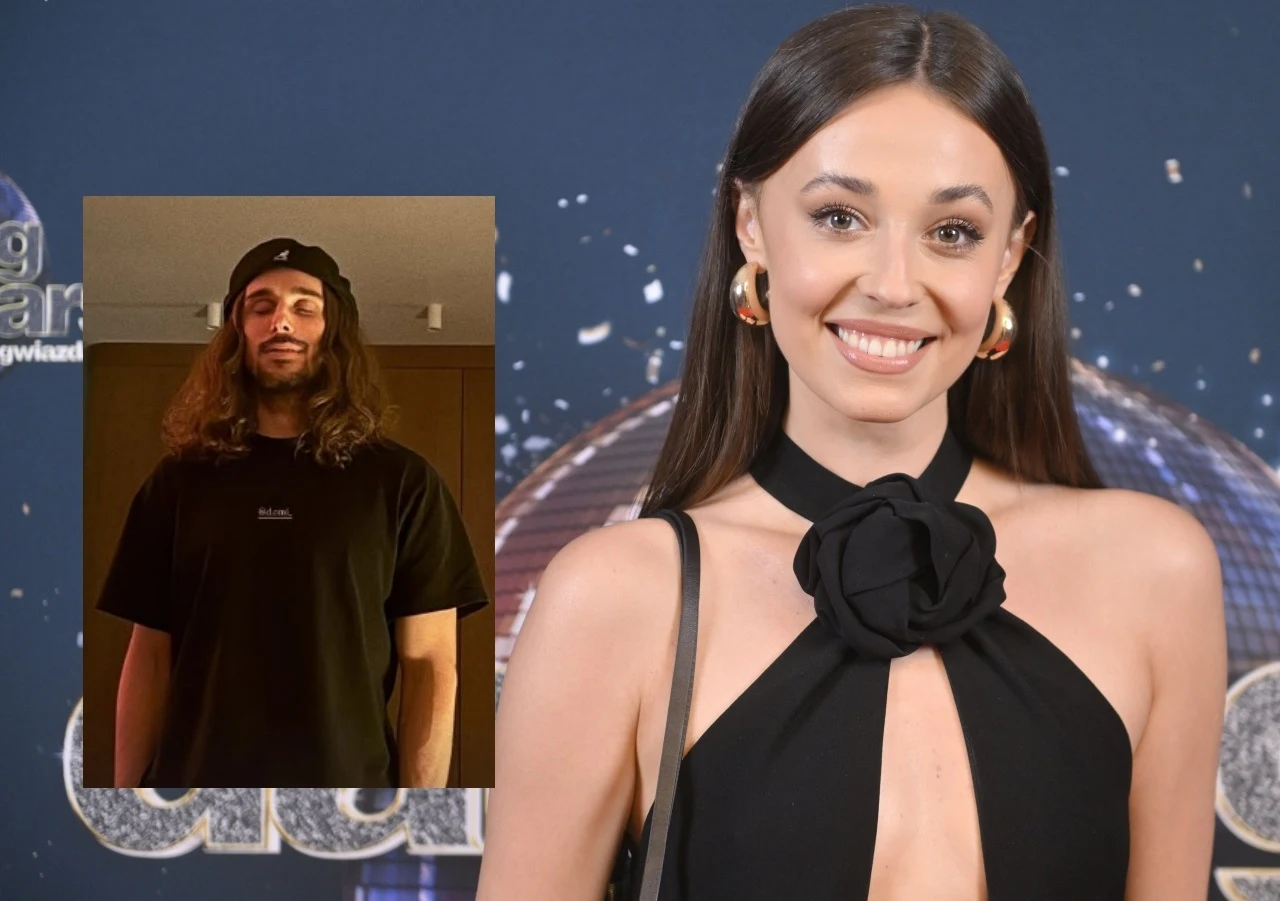 Dominik Kowalski i Izabella Krzan Uśmiechnięta kobieta w eleganckiej, czarnej sukience z odsłoniętymi ramionami stoi przed błyszczącym tłem, obok niej znajduje się wstawiona fotografia mężczyzny o długich włosach i brodzie, w czarnej koszulce oraz czapce z daszkiem.