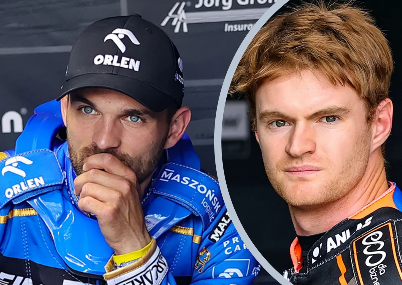 Dwóch mężczyzn w sportowych strojach, jeden w niebieskim kombinezonie z logotypem Orlen i czapce z daszkiem, drugi w czarno-pomarańczowym kombinezonie z krótkimi włosami. Obaj patrzą poważnie w stronę obiektywu, a tło jest neutralne.