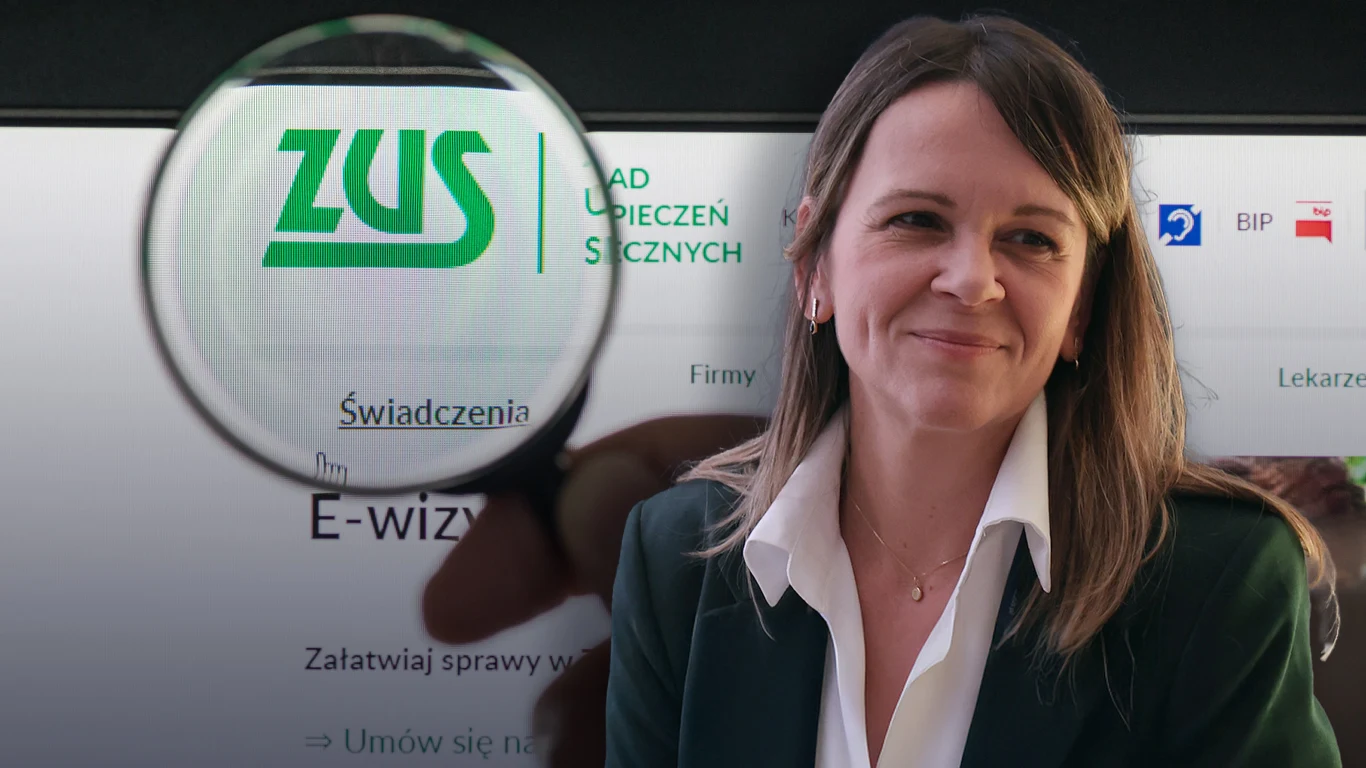 ZUS wprowadza zmiany ułatwiające obsługę kont w internecie i aplikacji Kobieta w marynarce na tle powiększonego fragmentu strony internetowej Zakładu Ubezpieczeń Społecznych, z logo ZUS widocznym przez lupę.
