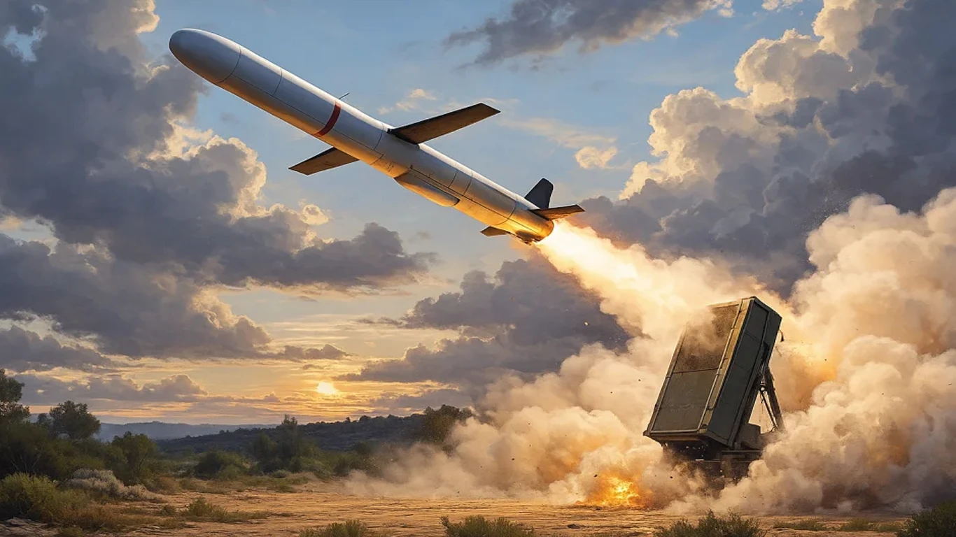 Rosyjskie bomby UMPB-5R z chińskimi silnikami Wyrzutnia rakietowa w trakcie wystrzelenia pocisku manewrującego na tle zachmurzonego nieba i zachodzącego słońca, wokół unoszące się kłęby dymu i ognia.