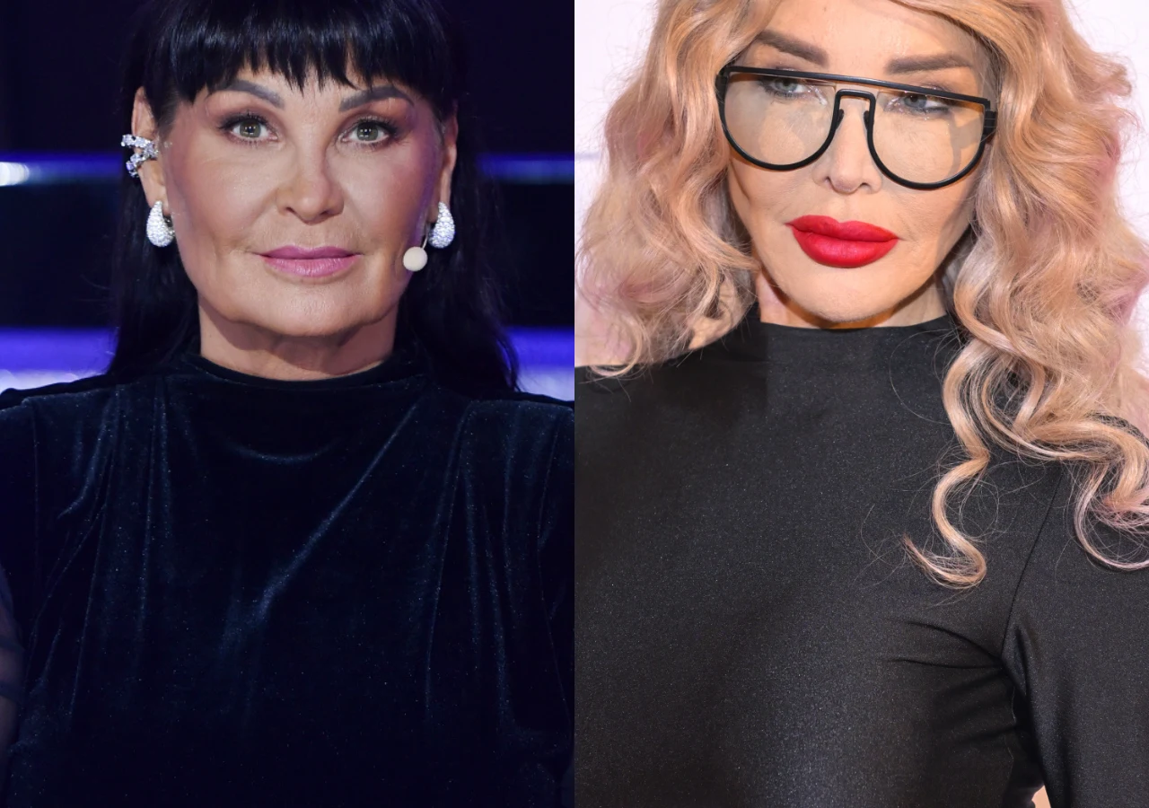 Iwona Pavlović, Ewa Minge Dwie kobiety w czarnych strojach, jedna z ciemnymi prostymi włosami i perłowymi kolczykami, druga z jasnymi falowanymi włosami i wyrazistym makijażem oraz dużymi okularami. Obie patrzą w stronę aparatu, tło neutralne.