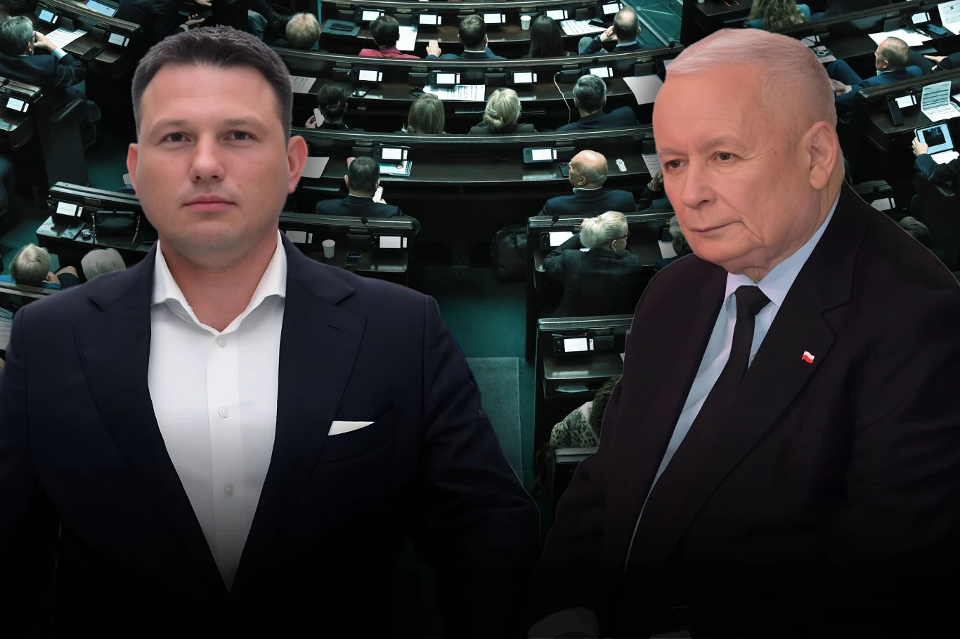 Zapytano o koalicję Konfederacji z PiS. Nowy sondaż Dwóch mężczyzn w garniturach stoi na tle sali sejmowej z widocznymi ławami i innymi osobami siedzącymi na miejscach parlamentarnych.
