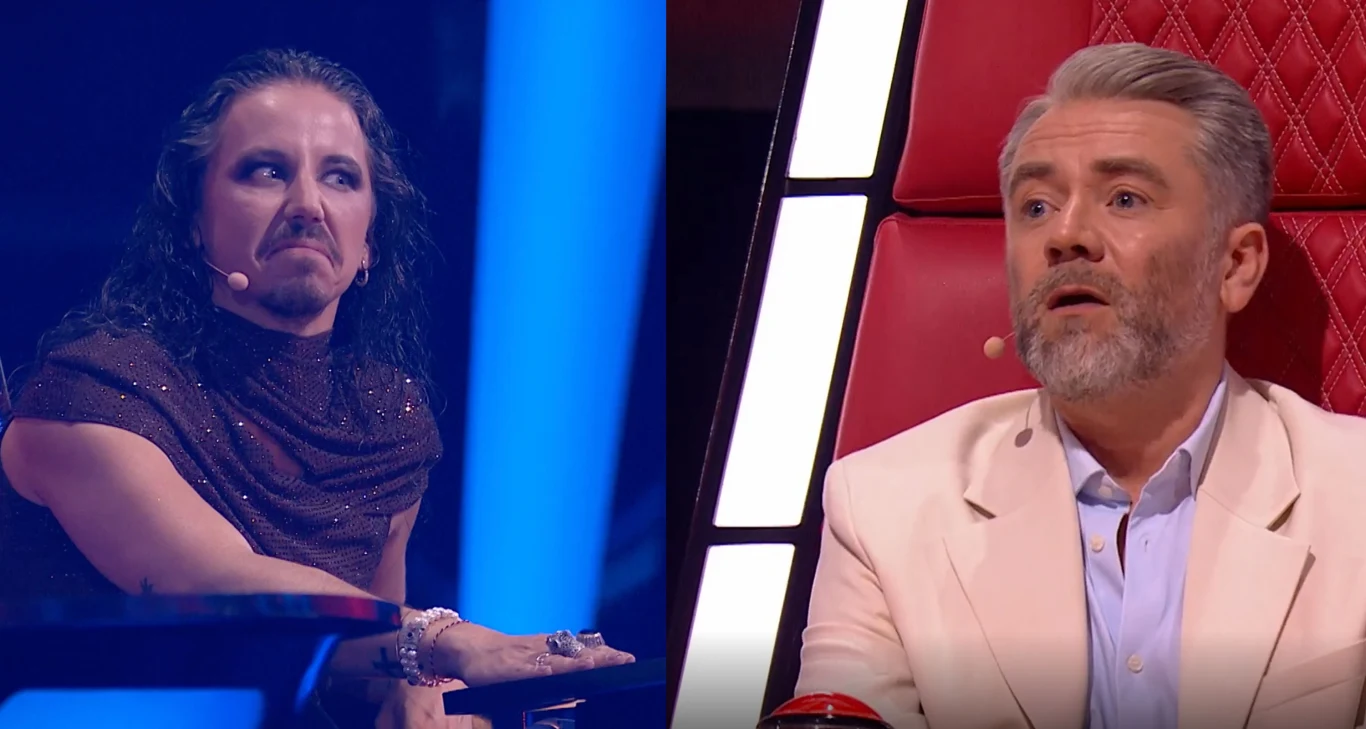 Michał Szpak i Kuba Badach nie szczędzili zachwytów w "The Voice of Poland" Dwie osoby siedzące naprzeciw siebie w studio telewizyjnym, po lewej kobieta z ciemnymi, falowanymi włosami o wyrazistej mimice twarzy, po prawej mężczyzna w jasnej marynarce z zaskoczonym wyrazem twarzy, tło w stylu programu typu talent show.