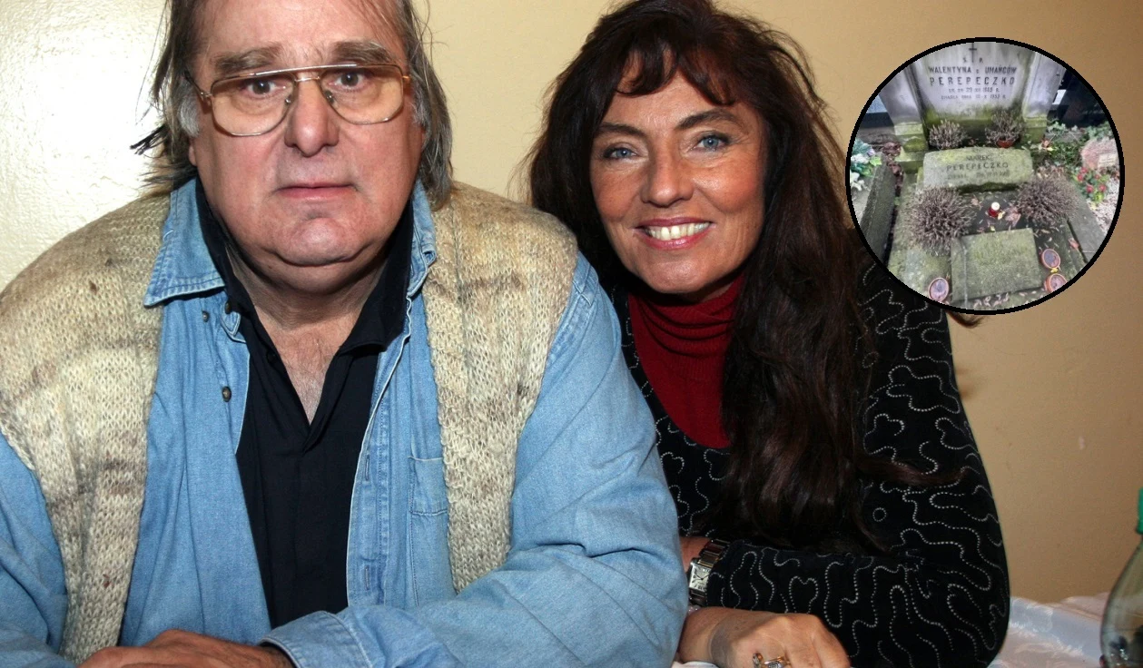 Marek Perepeczki i Agnieszka Fitkau-Perepeczko /fot. AKPA;Pomponik/ Dwoje dorosłych siedzi razem przy stole, mężczyzna z dłuższymi włosami i kobieta z długimi, ciemnymi włosami uśmiecha się. W prawym górnym rogu widoczna jest wstawka ze zdjęciem nagrobka na cmentarzu, otoczonego kwiatami.