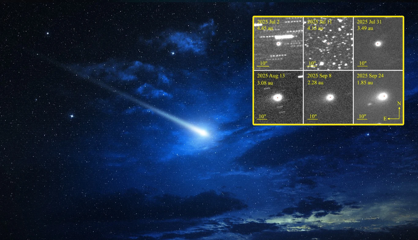 Kometa 3I/ATLAS lada chwila będzie najbliżej Słońca. To oznacza rekordowe emisje pyłu. Naukowcy obliczyli, ile dokładnie Jasny meteor przemierzający nocne niebo wśród gwiazd, na tle głębokiej niebieskiej barwy chmur oraz ciemnych konturów horyzontu, z żółtą ramką w prawym górnym rogu przedstawiającą naukowe wykresy pokazujące obserwacje obiektu astronomicznego.