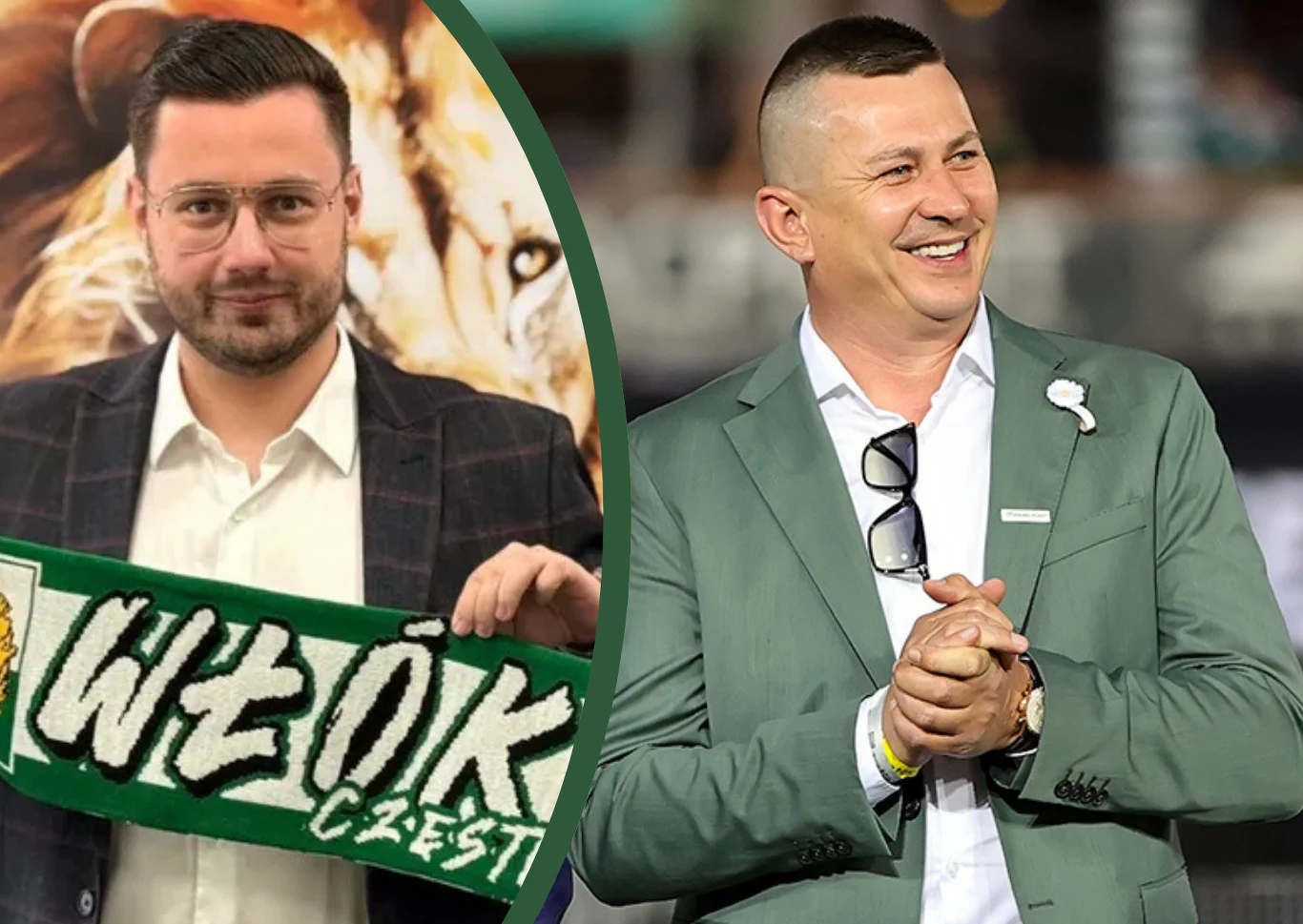 Dwóch mężczyzn ubranych w garnitury, jeden z nich trzyma szalik z napisem Włókniarz Częstochowa, drugi uśmiecha się i trzyma dłonie splecione; w tle lew oraz stadion