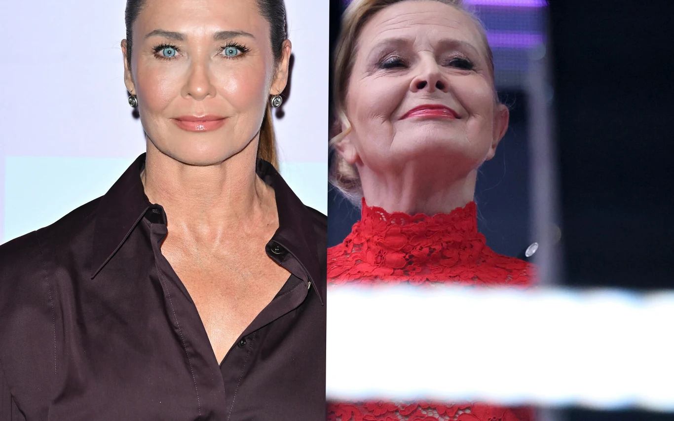 Dwie kobiety, każda widoczna w innej części obrazka, jedna o ciemnych włosach spiętych do tyłu w ciemnej koszuli, druga w eleganckiej czerwonej koronkowej sukience, z blond upiętymi włosami, patrzą w różne strony.