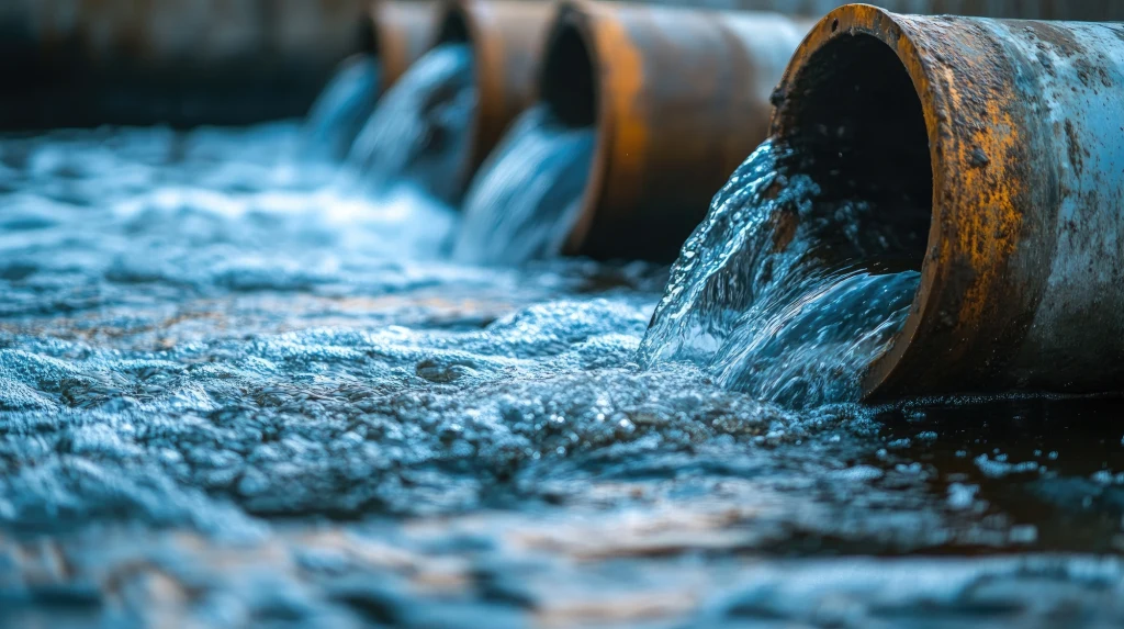 Stalowe rury odprowadzające duże ilości zanieczyszczonej wody do rzeki lub zbiornika wodnego, podkreślające problem zanieczyszczenia środowiska.