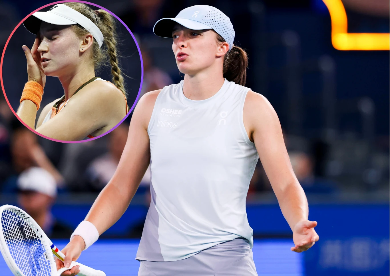 Iga Świątek i Jelena Rybakina Dwie tenisistki, jedna w akcji na korcie z rakietą w ręku, druga przedstawiona w okrągłej ramce, wydaje się być zamyślona lub rozczarowana.