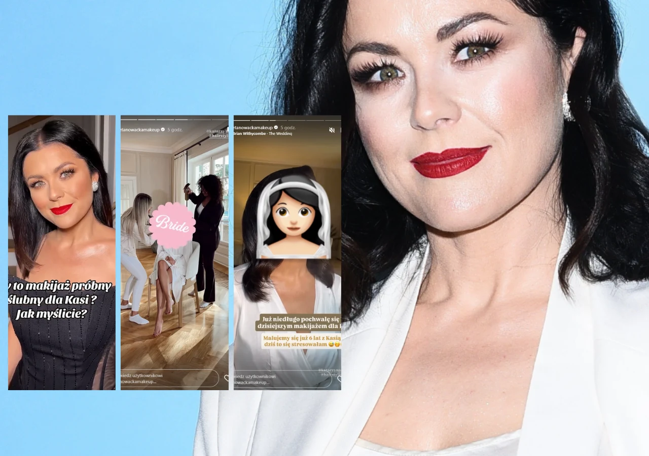 Makijaż ślubny Katarzyny Cichopek Kobieta w eleganckim makijażu i białym stroju, obok niej zrzuty ekranu z social mediów prezentujące kulisy przygotowań ślubnych i przymiarki makijażu z udziałem dwóch innych kobiet.