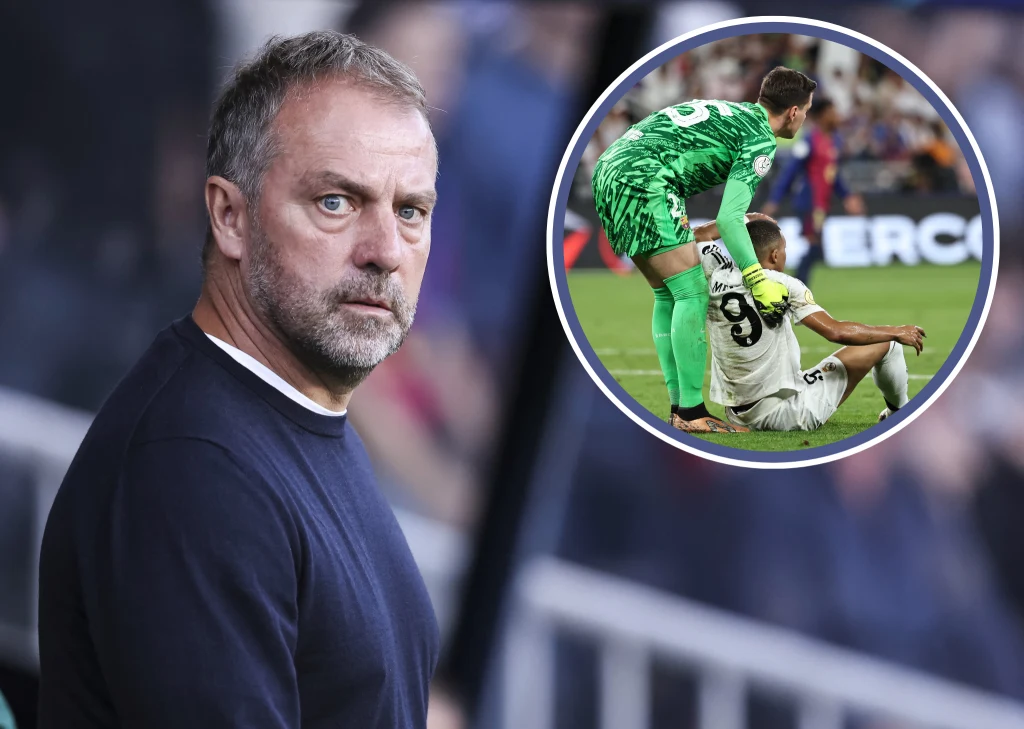 Na zdjęciu trener FC Barcelona Hansi Flick oraz Wojciech Szczęsny i Kylian Mbappe Na zdjęciu trener FC Barcelona Hansi Flick oraz Wojciech Szczęsny i Kylian Mbappe