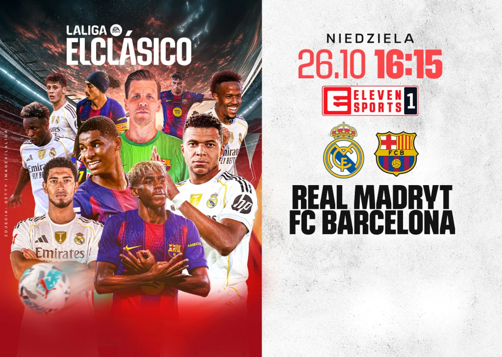 El Clasico w Eleven Sports Znani piłkarze z drużyn Real Madryt i FC Barcelona ustawieni na tle dynamicznych efektów graficznych z logotypami klubów oraz szczegółami dotyczącymi transmisji meczu El Clásico na Eleven Sports 1.