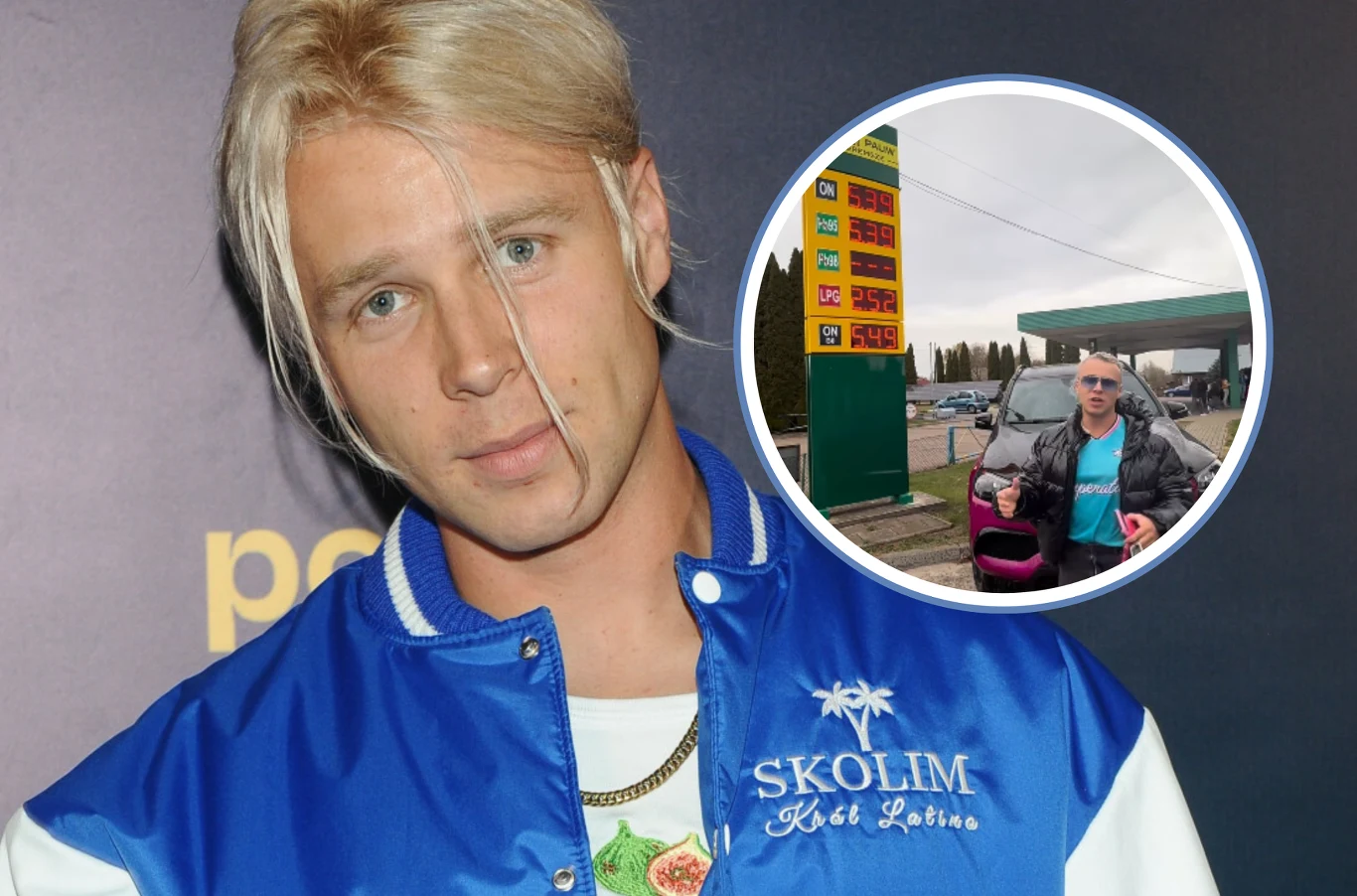 Nowa stacja Skolima już działa. Mężczyzna z blond włosami w sportowej kurtce na ciemnym tle, w rogu zdjęcia okrągła wstawka z jego wizerunkiem przy stacji benzynowej.