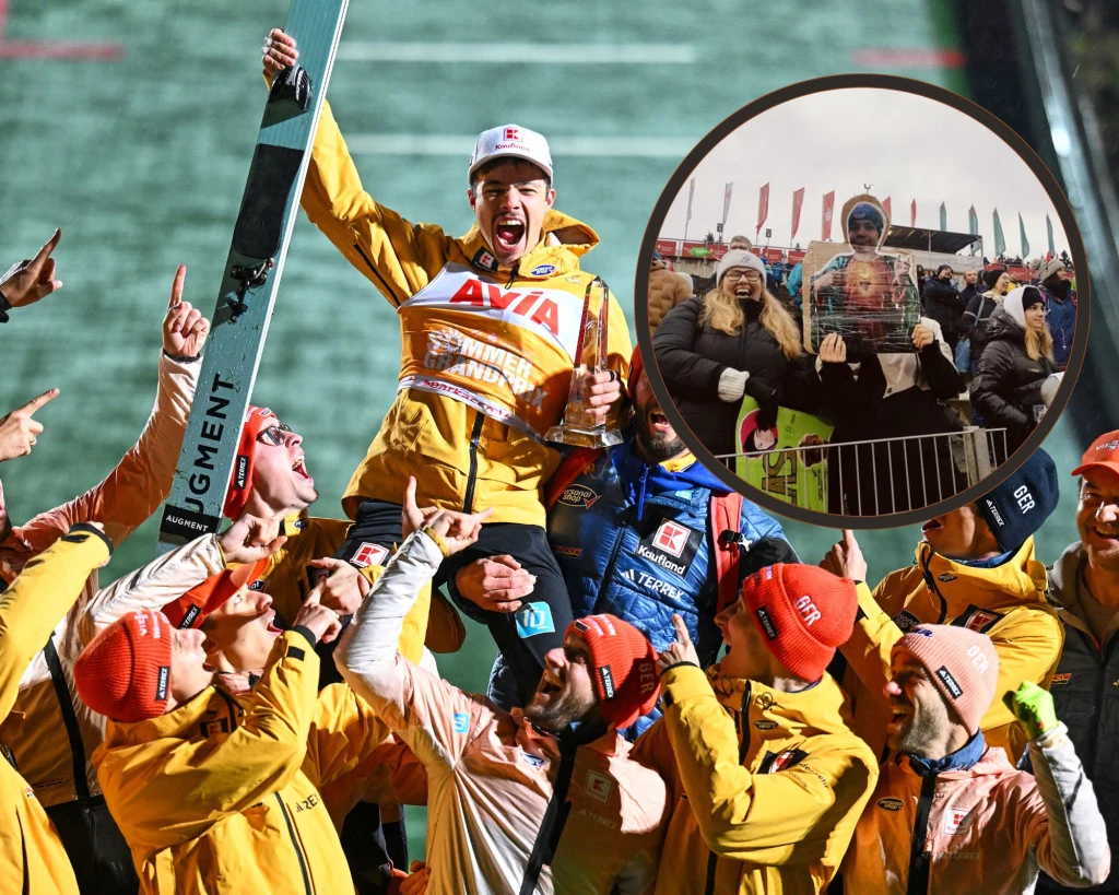 Philipp Raimund po sukcesie w Klingenthal. W ramce kibice z obrazem Jezusa, który ma głowę niemieckiego skoczka