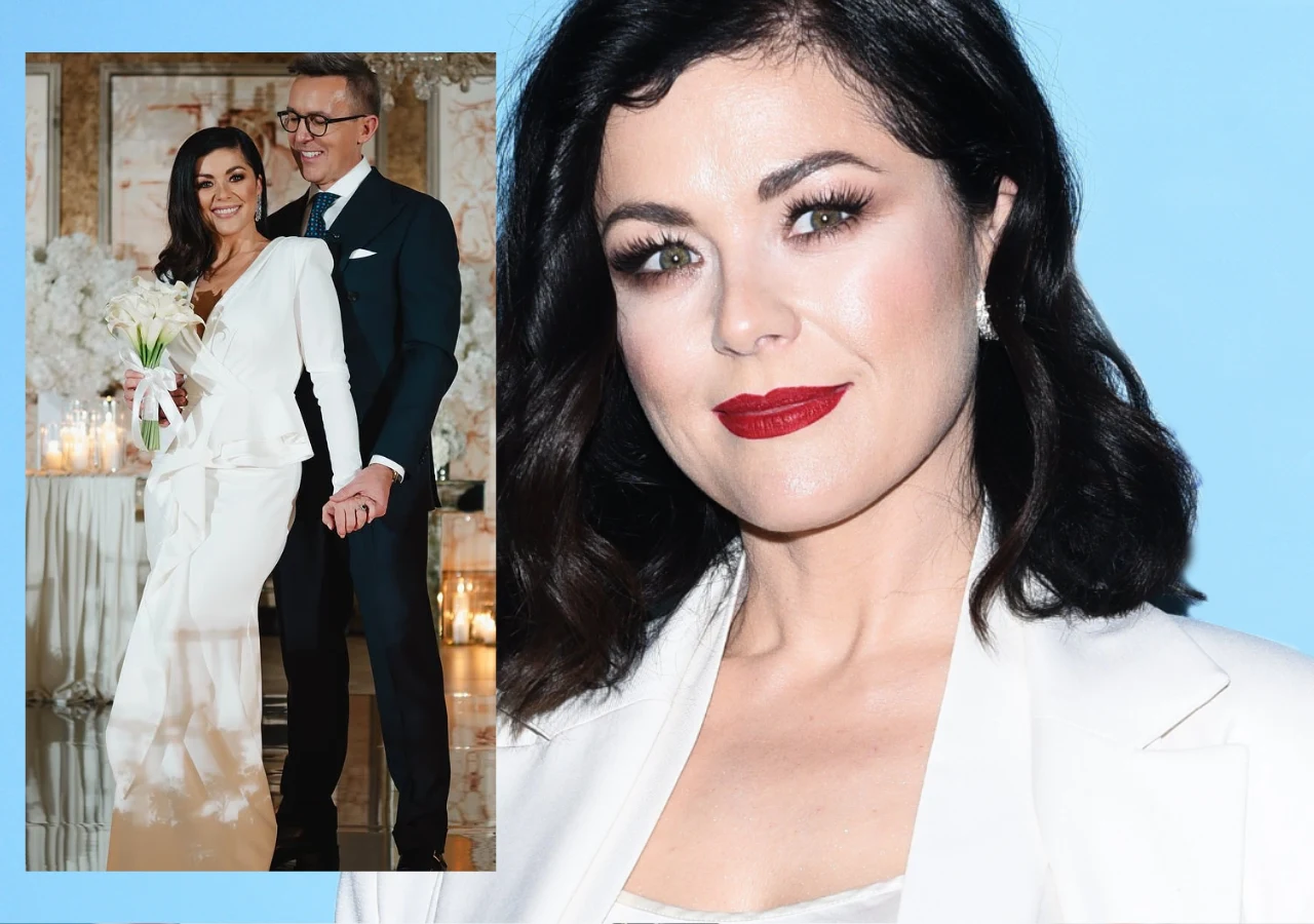 Katarzyna Cichopek i Maciej Kurzajewski wzięli ślub Kobieta o ciemnych włosach w białym stroju z wyrazistym makijażem i czerwonymi ustami na tle jasnoniebieskim. Wkładka w lewym górnym rogu pokazuje ją wraz z mężczyzną w eleganckim garniturze, oboje uśmiechają się, stojąc razem w dekoracyjnie przystrojo...