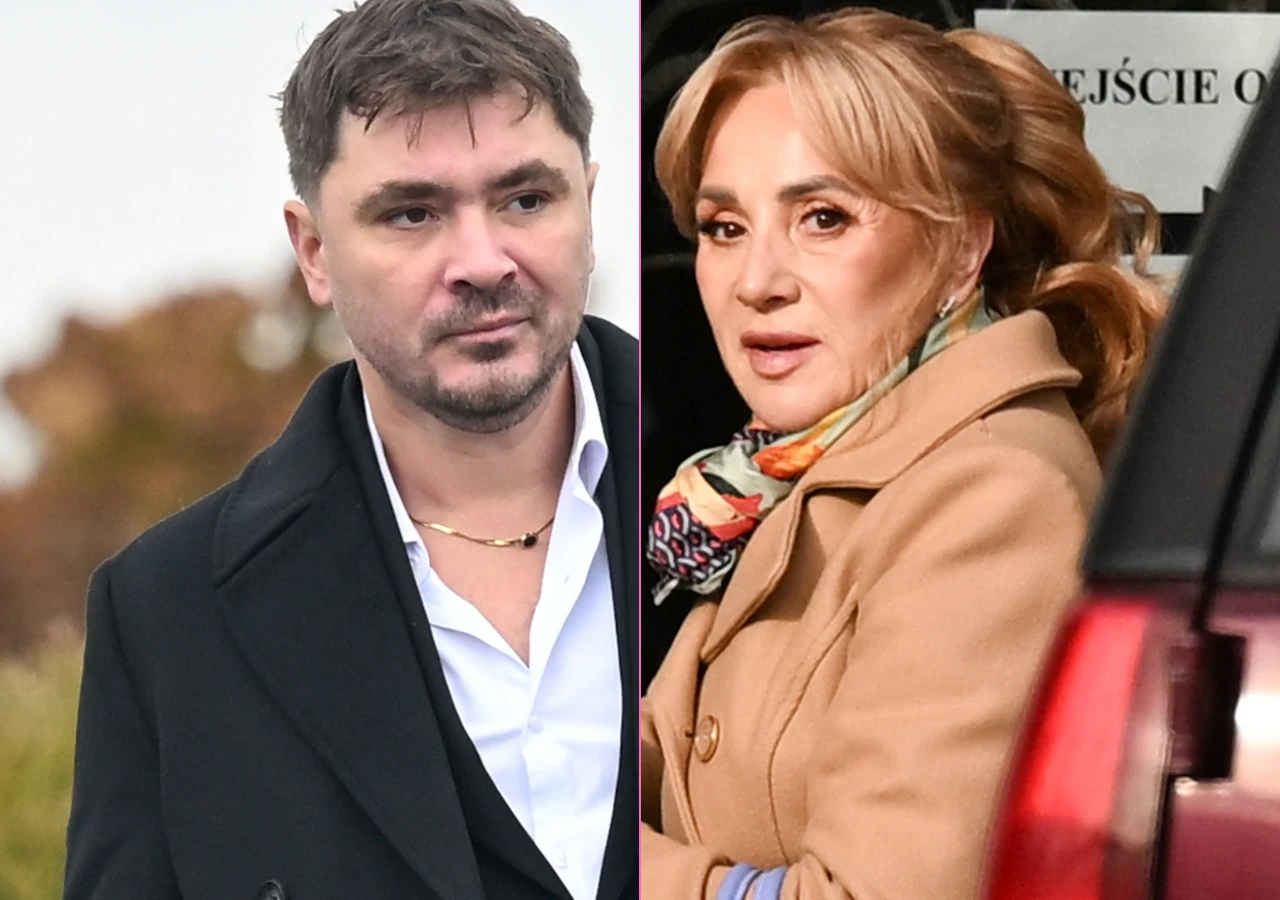 Daniel Martyniuk, Danuta Martyniuk Mężczyzna w ciemnym płaszczu z otwartym kołnierzykiem oraz kobieta w beżowym płaszczu i kolorowej apaszce, oboje patrzący lekko w bok, rozdzieleni pionową linią, w tle rozmyte otoczenie oraz fragment wejścia do budynku.