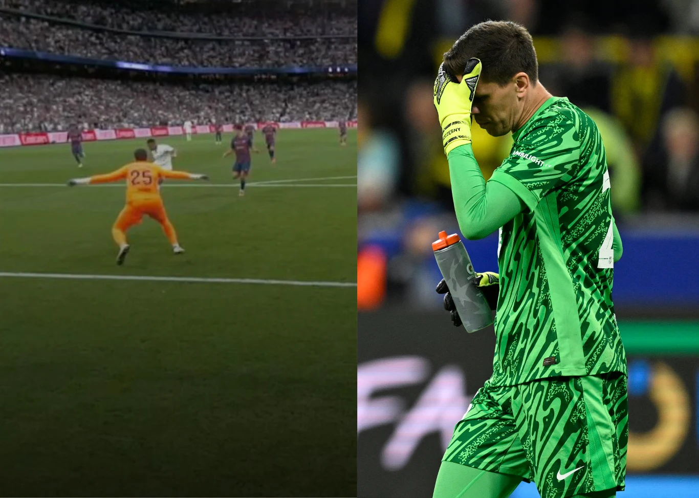 Wojciech Szczęsny skapitulował w El Clasico Po lewej stronie zawodnik piłki nożnej w pomarańczowym stroju bramkarskim interweniuje podczas meczu na dużym stadionie, po prawej bramkarz w zielonym stroju stoi z opuszczoną głową, trzymając butelkę i ociera czoło rękawicą.