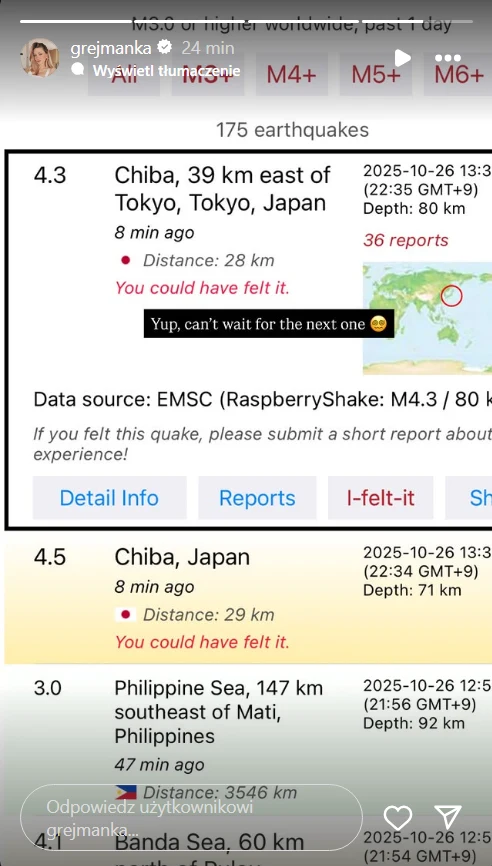 Anna Kurek skomentowała trzęsienia ziemi w Japonii Lista ostatnich trzęsień ziemi w Japonii oraz na Filipinach wraz z ich lokalizacją, magnitudą, głębokością i czasem wystąpienia oraz komentarz humorystyczny dotyczący oczekiwania na kolejne.