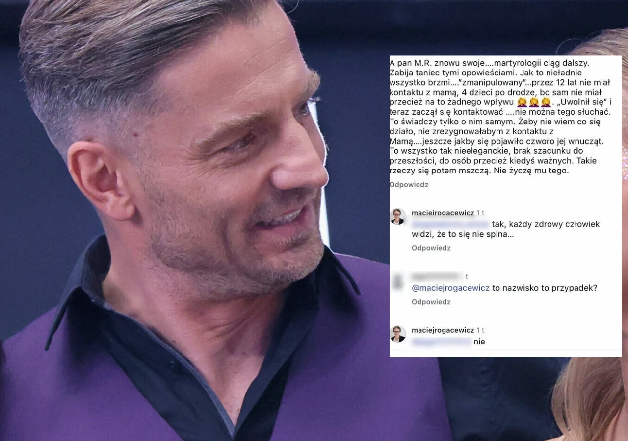 Marcin Rogacewicz Mężczyzna w garniturze o lekko uśmiechniętym wyrazie twarzy, nałożony na fragment zdjęcia tekst z rozmową internetową odnoszącą się do osobistych relacji i negatywnych opinii, pojawia się również komentarz i dalsza wymiana zdań.