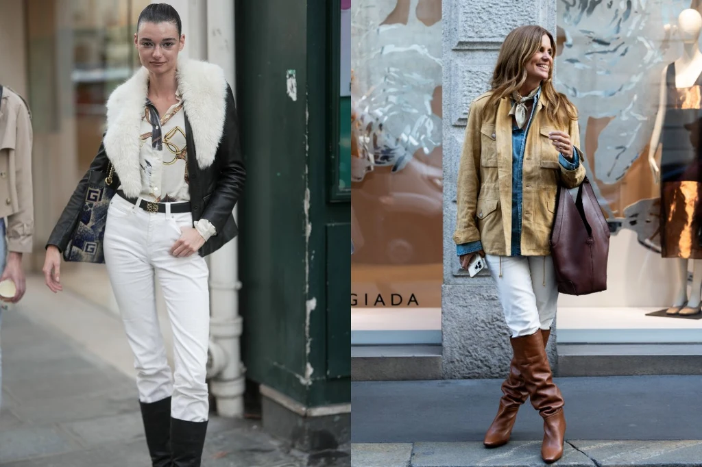 Modne stylizacje z białymi spodniami. Fot. Valentina Frugiuele, 305pics Dwie kobiety prezentują stylizacje z białymi spodniami w roli głównej, nosząc wysokie brązowe lub czarne kozaki, marynarki oraz koszule uzupełnione dodatkami, jak torba i pasek.