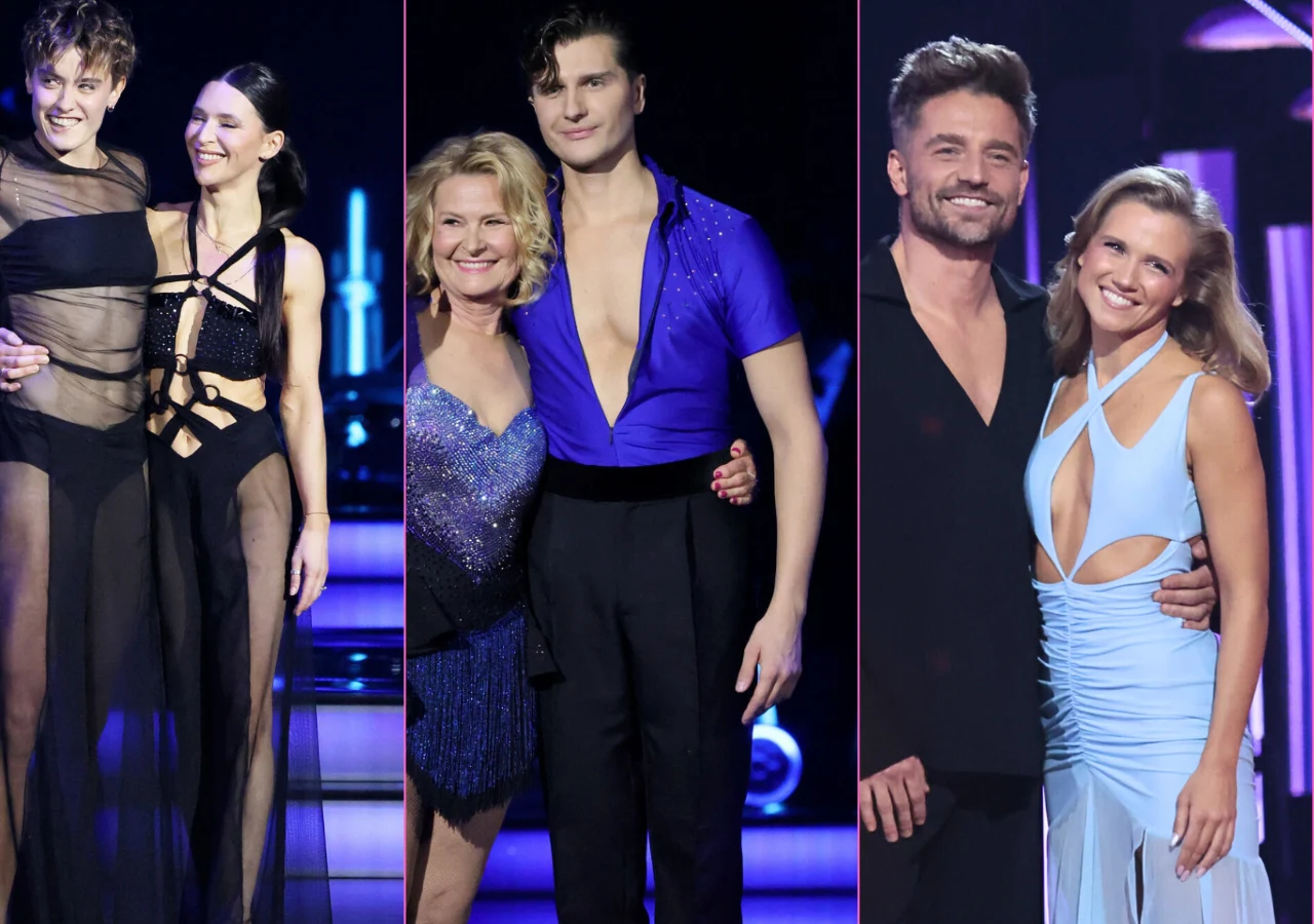 Trzy pary taneczne prezentujące się na scenie programu rozrywkowego; każdy duet ubrany w efektowne stroje taneczne, rozświetlone sceniczne oświetlenie podkreśla atmosferę wydarzenia.