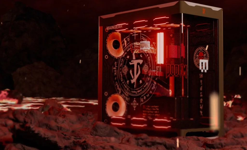 Komputer gamingowy w obudowie inspirowanej grą Doom, pokryty symboliką i grafikami nawiązującymi do uniwersum gry, ustawiony w scenerii przypominającej piekielny krajobraz z lawą i czerwonym oświetleniem.