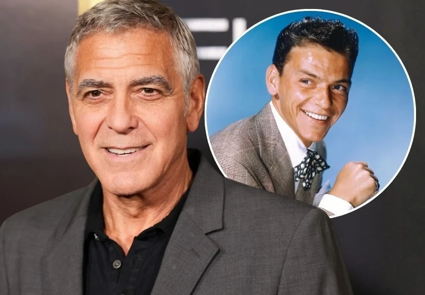 George Clooney wspomina rozmowę z Frankiem Sinatrą Mężczyzna w średnim wieku w garniturze pozuje, uśmiechając się lekko. W prawym górnym rogu znajduje się okrągła wstawka ze zdjęciem młodego mężczyzny w marynarce i muszce, patrzącego w stronę obiektywu z szerokim uśmiechem.